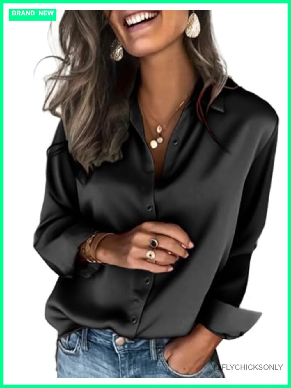 Satin Silk Button Down Shirt Long Sleeve V-Neck Blouse